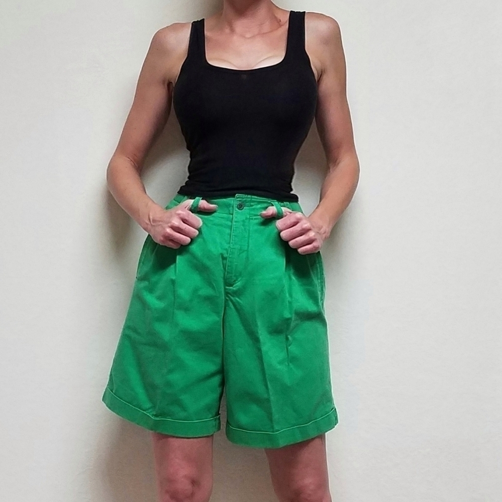 VINTAGE LizSport Green Extra High Rise Pleated Waist Wide Leg Loose Fit Shorts - Picture 2 of 14